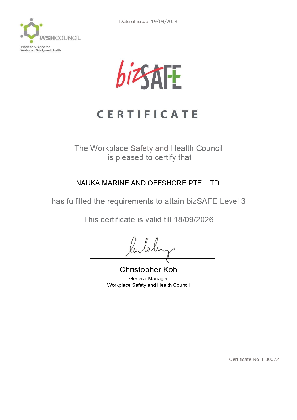 Nauka Marine and Offshore Pte. Ltd. — bizSAFE Level 3