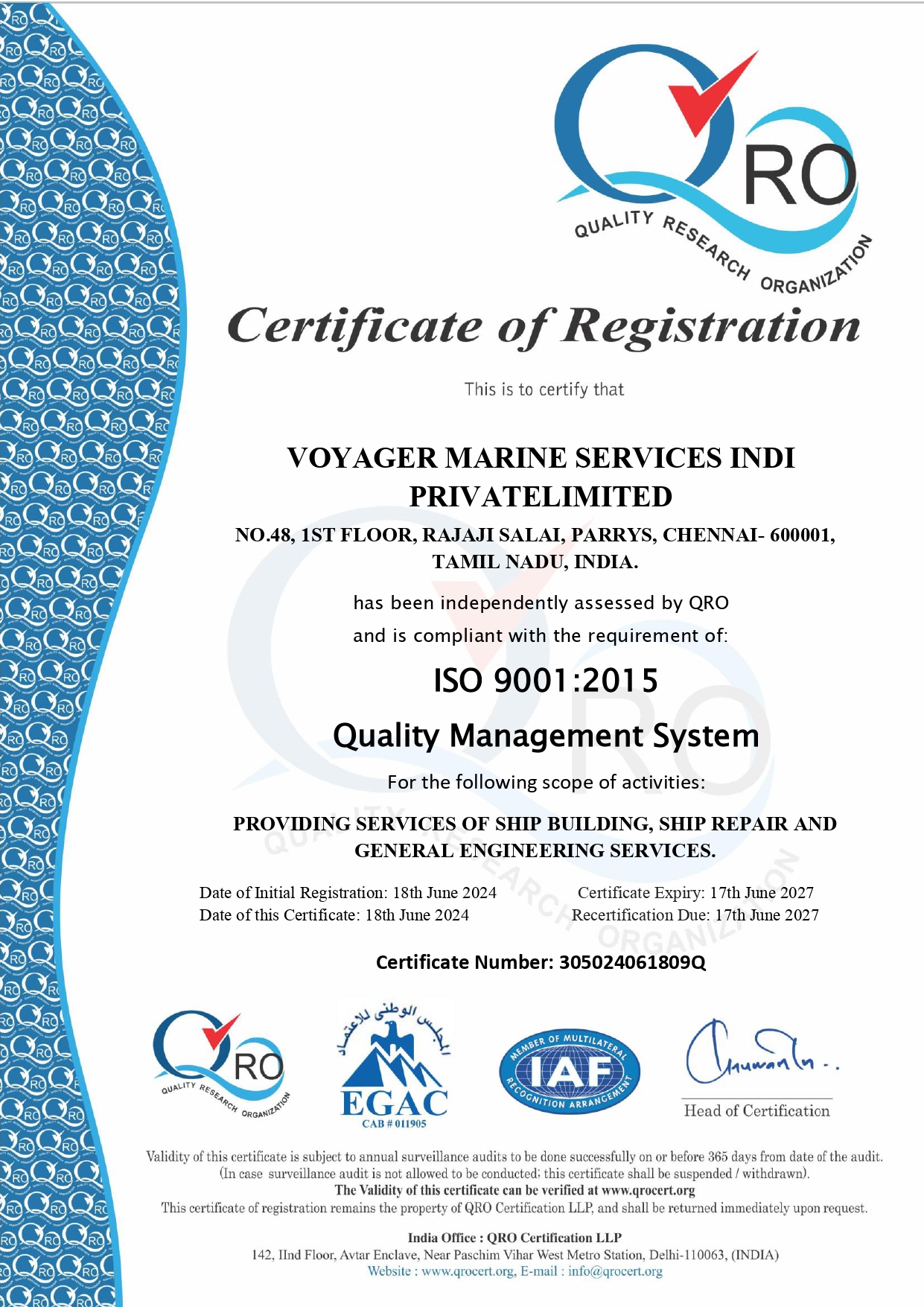 Voyager Marine Services India Pvt. Ltd. — ISO 9001:2015